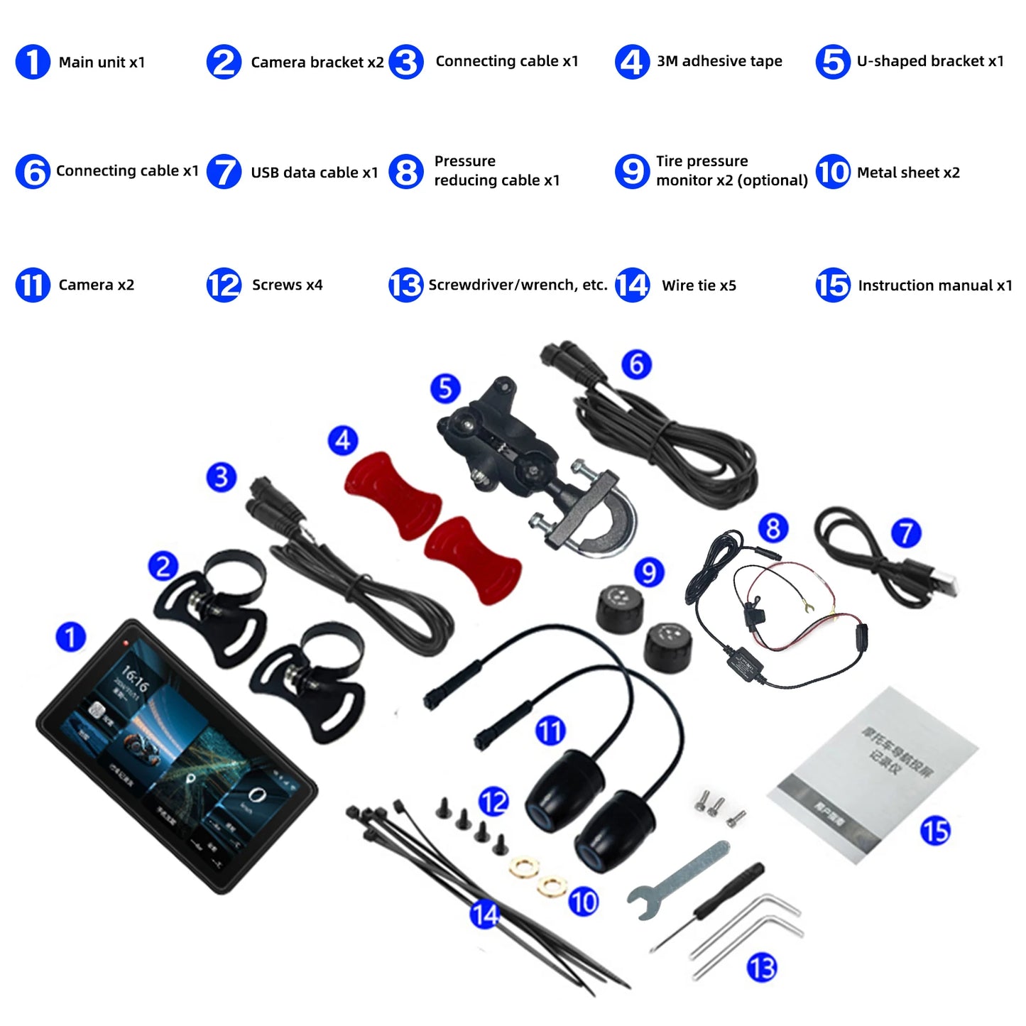 Motorcycle GPS Navigation Screen with 1080P Dash Cam Front and Rear 5in IP68 Waterproof Touchscreen Bluetooth Audio Receiver