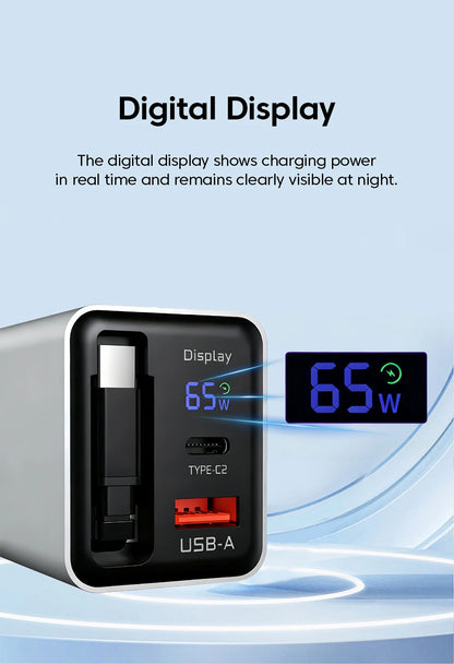 65W USB C GaN Charger Wall Charger Power Adapter Digital Display With Retractable Type C Cable For iPhone 17 16 Samsung Xiaomi