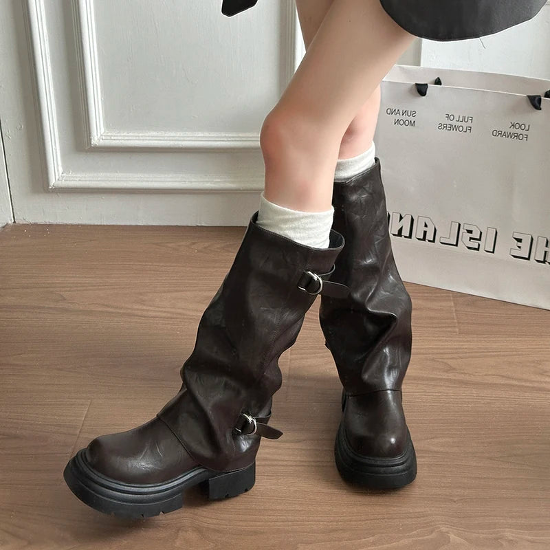Women Double Buckle Slouch Knee High Boots Round Toe Platform Thick Sole Leather Tall Boots Street Casual Daily Ladies Boots