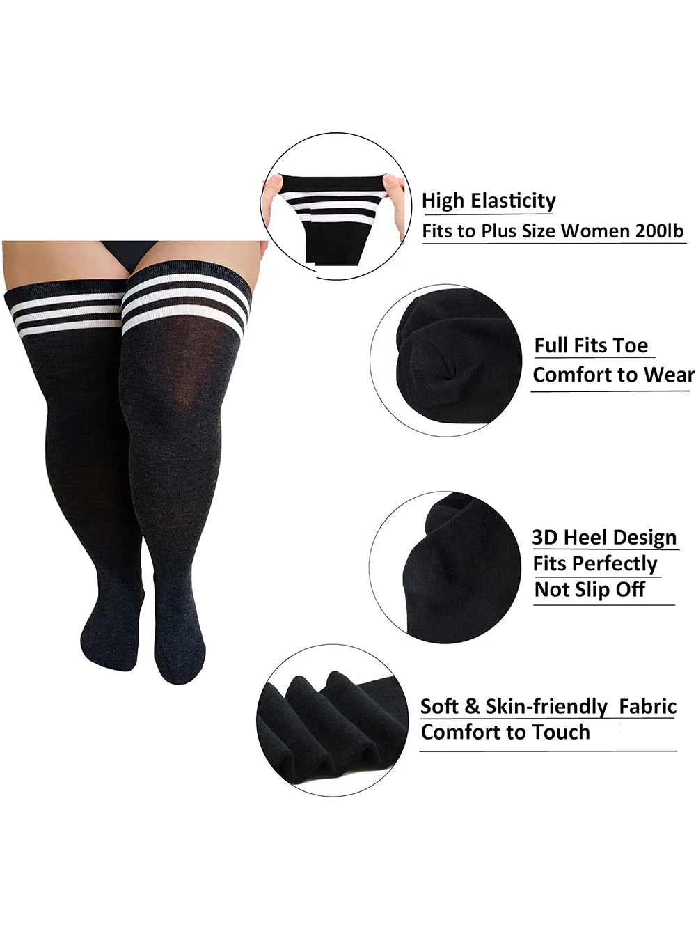 TRALOW  Plus Size Thigh High Socks Extra Large Stripe Over Knee High Stockings for Women Comfortable and Warm For Cosplay Yoga