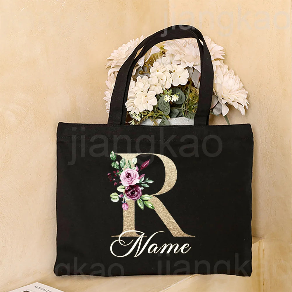 Personalized Initial with Name Tote Bag Women Canvas Shoulder Bags Monogram Shopping Bag Handbags Birthday Wedding Gifts for Her
