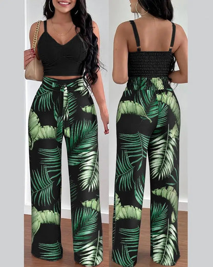 2 Piece Outfits For Women 2025 Sexy V-Neck Strap Shirred Slim Crop Top & Lace-up Wide Leg Pants Sets Elegant Office Lady Suit