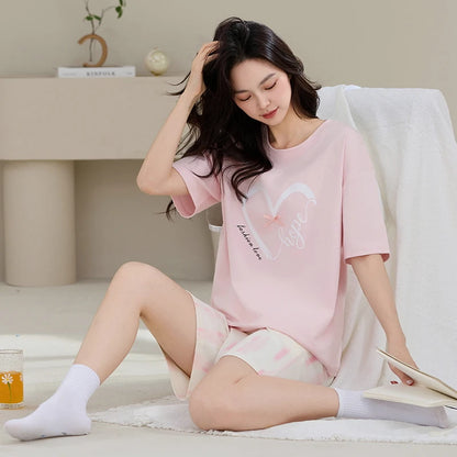 100% Pure Cotton Women Pajamas Summer Cartoon Print Pijamas Girls Nightwear Homewear Short Sleeve Sleepwear O-neck Loungewear