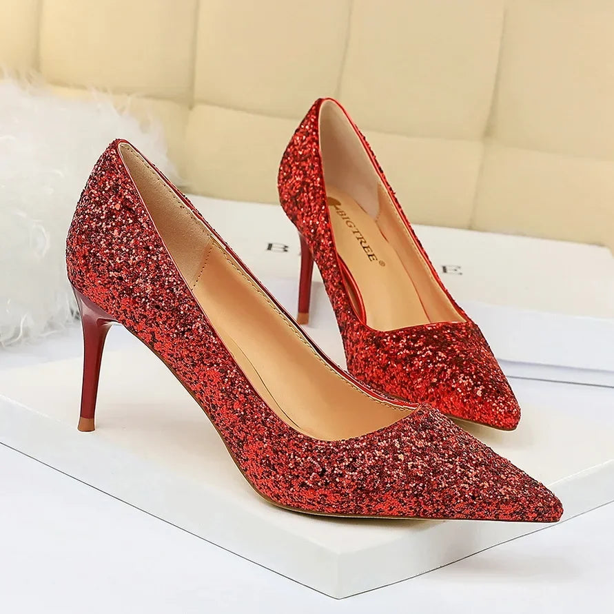 Women Luxury Bling Red  Blue Valentine Party Scarpins Pumps Lady Glitter Sequins 7cm 9.5cm High Heels Designer Shoes Plus Size