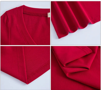 Cotton short sleeved women's T-shirt for summer, slim fit and slimming, versatile waist design, front shoulder, U-neck