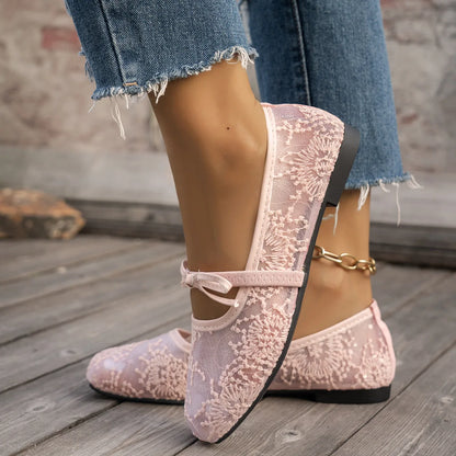 Plus Size 43 Women Fashion Ballet Flats Breathable Laces Square Toe Spring Summer Flat Shoes For Female Daily Walking Loafers