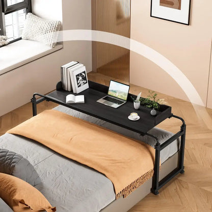 120x40CM Height Adjustable Overbed Table with Wheels, Rolling Over-the-Bed Laptop Desk with Raised Baffle, Home Office Bedroom H