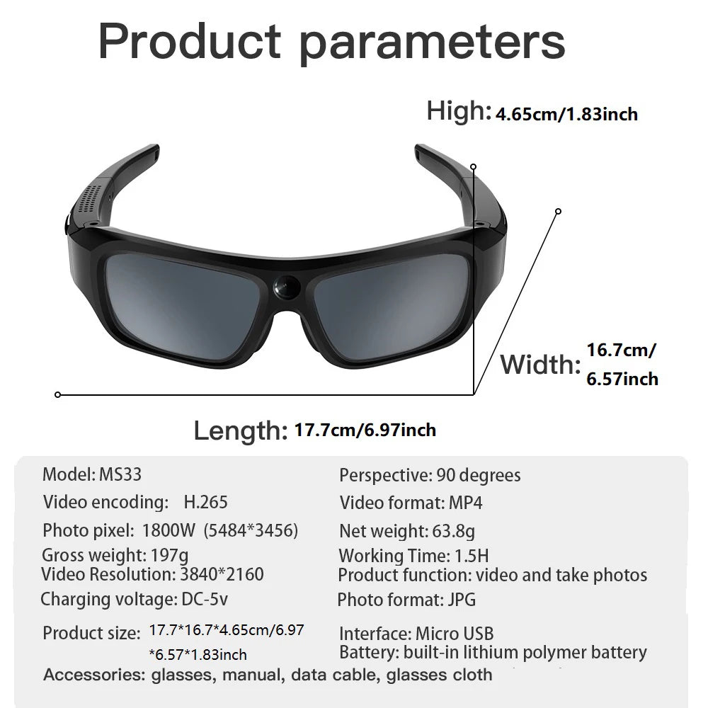 4K HD Smart Glasses Camera Mini Eyewear Camcorder for Outdoor Cycling Driving Video Recordings