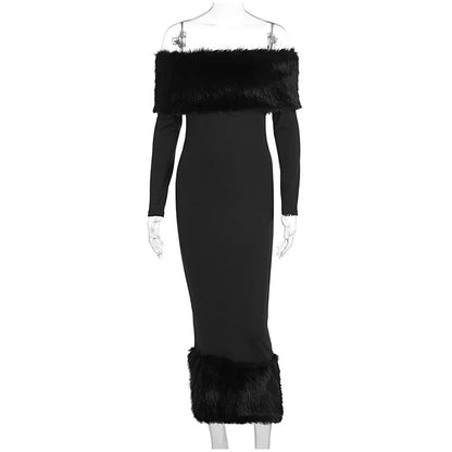 Faux Fur Patchwork Strapless Dress Women Sexy Off-shoulder Full Sleeve Cinched-waist Slim Long Gown Lady Christmas Party Dresses