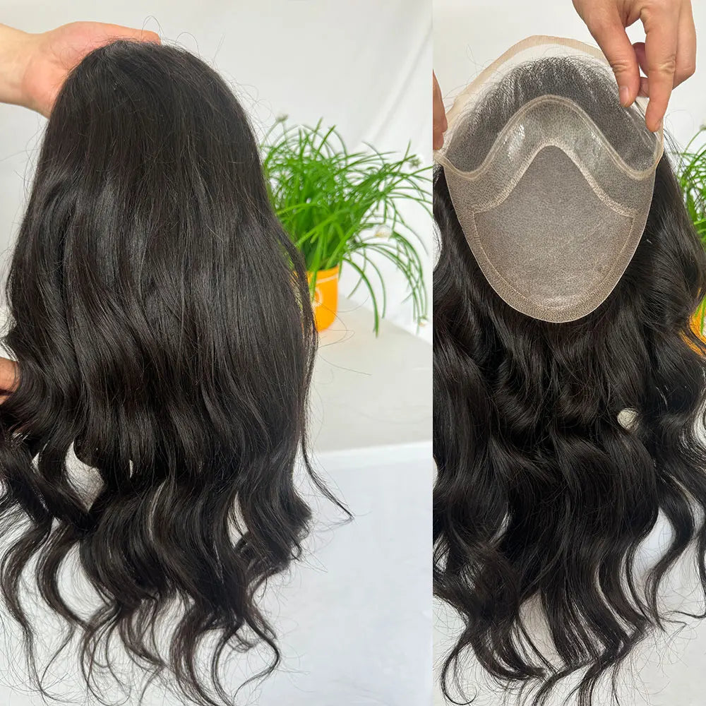 12'' Long Toupee for Men 10x8'' European Virgin Human Hair Replacement Systems Men's Hairpiece Mono Lace Top Loose Wave Men Wigs