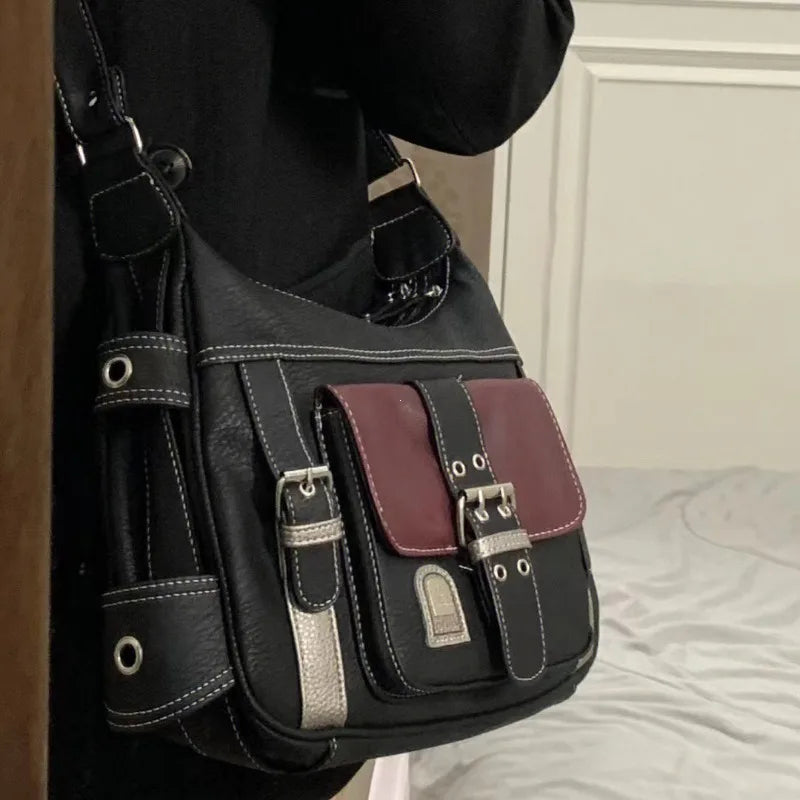 Y2K Vintage Crossbody Bag Women's Tote High Quality PU Leather Shoulder Bag Hip Hop Messenger Bag Female Large Handbag Commuter