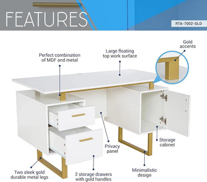 Modern Office Desk with Storage Drawers and Cabinet, Large Floating Desktop, White/Gold Finish