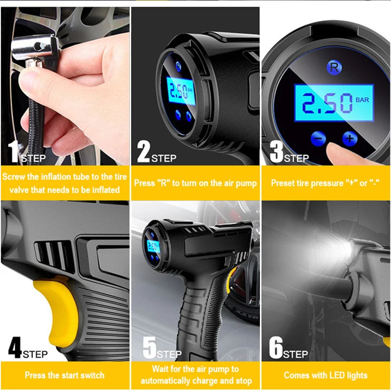 EAFC 120W Handheld Air Compressor Wireless/Wired Inflatable Pump Portable Air Pump Tire Inflator Digital for Car Bicycle Balls