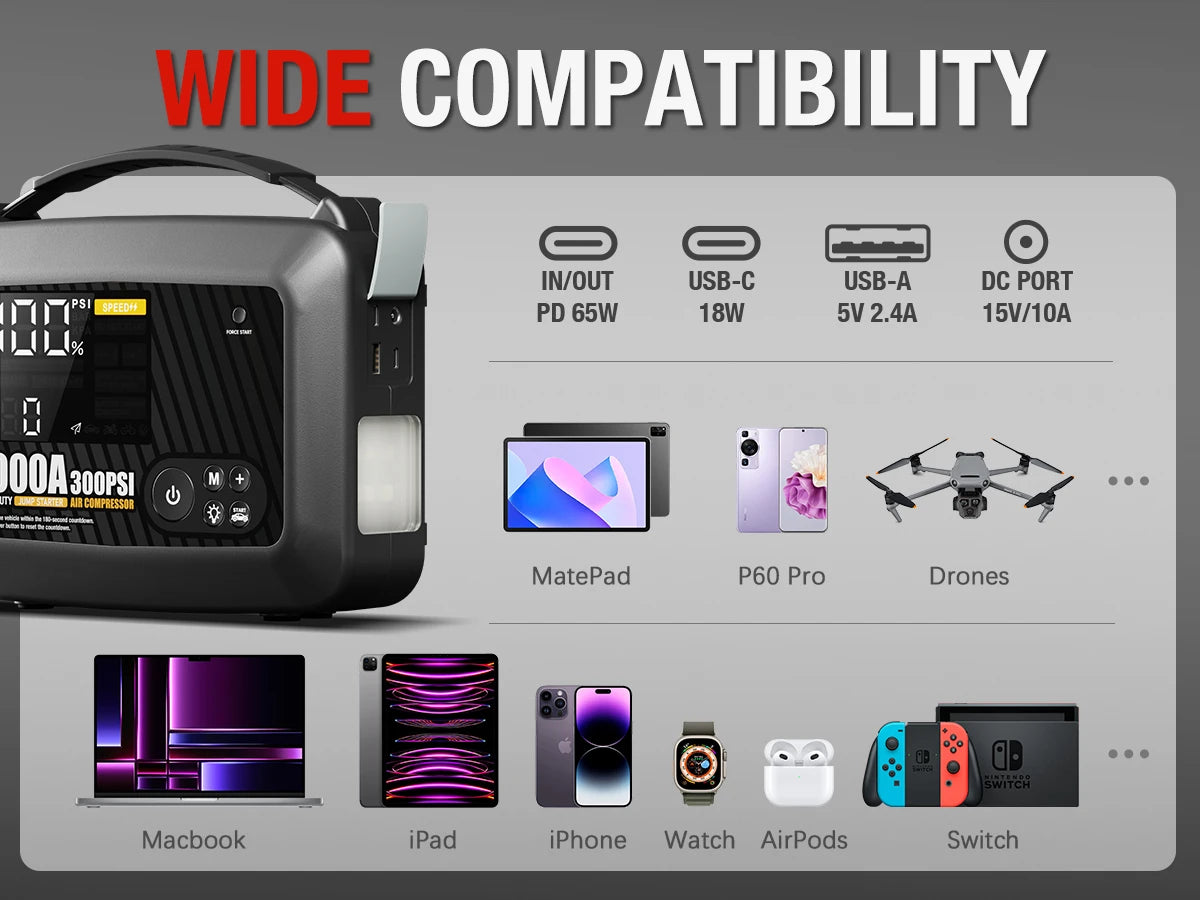 8000A Professional Heavy Duty Car Jump Starter With Air Pump Powerful Car 12V Car Battery Starter Booster Starting Device