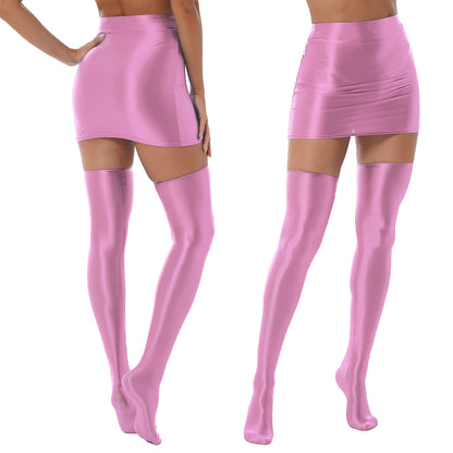 Womens Glossy Nightclub Outfit Shiny High Waist Mini Skirt with Stockings Set Rave Party Cheer Booty Workout Pole Dance Clubwear