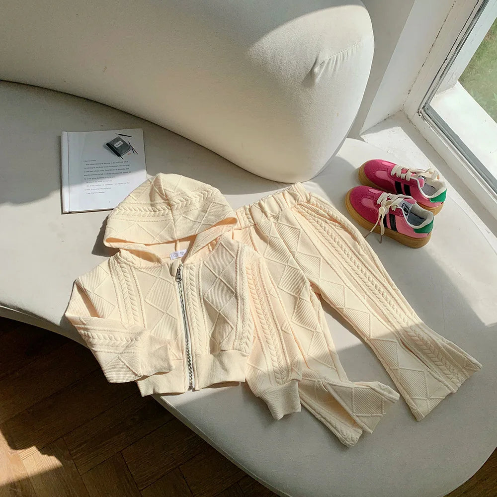 Flared Pants Childrens Set Girls Autumn New Korean Short Knitting Long Sleeved Tops Forking Two Piece Tide Hooded