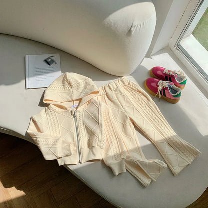 Flared Pants Childrens Set Girls Autumn New Korean Short Knitting Long Sleeved Tops Forking Two Piece Tide Hooded