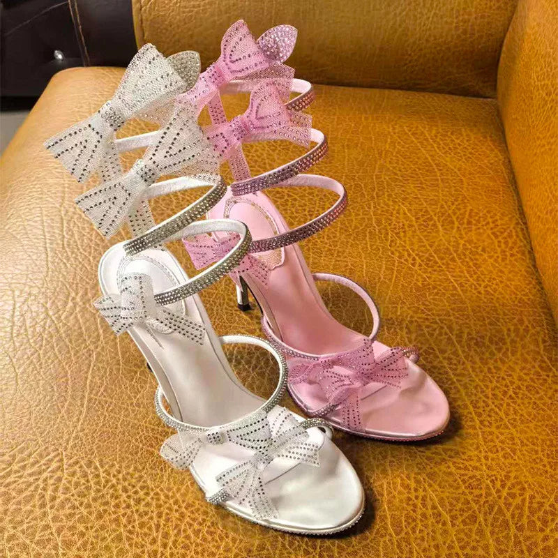 Luxury Rhinestones Mesh Bowknot Snake Coiled Women Gladiator Sandals Sexy Narrow band Thin High heels Summer Wedding Party Shoes