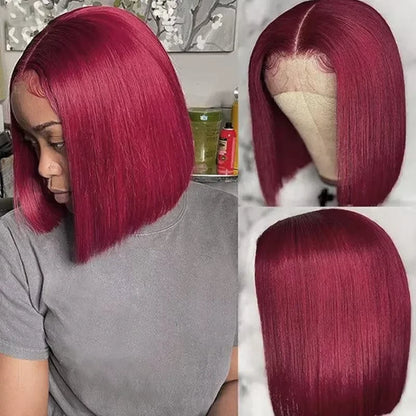 220% Straight Short Bob Human Hair Wig 13x4 Bone Straight Lace Frontal Wigs Burgundy 99J Lace Front Wig For Women 12 14 Inch