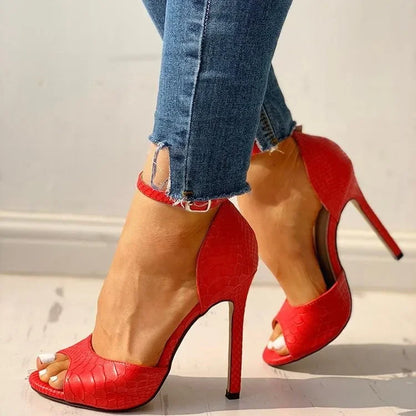 Dress Wedding Shoes Women Ankle Strap Peep Toe High Heel Sandals Sexy White Super High Heels Buckle Snake Pattern Woman Pumps