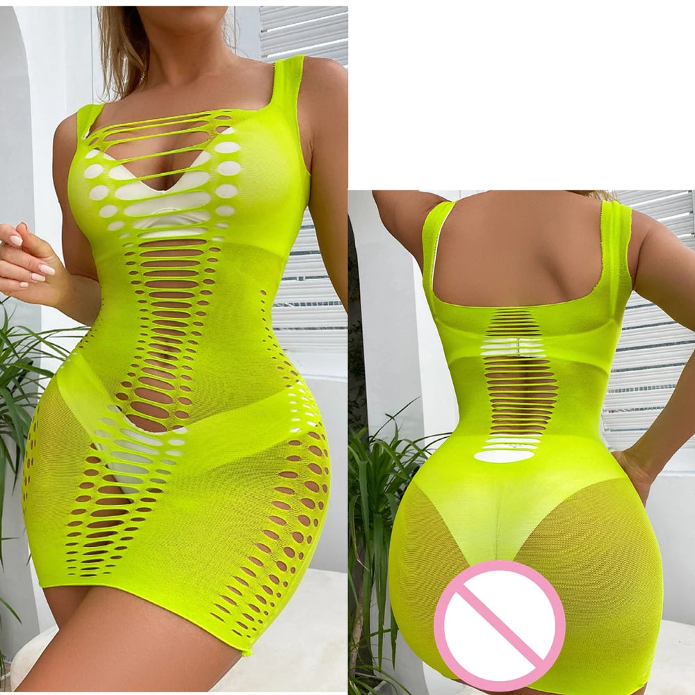 Sexy Women Fishnet Bodycon Mini Dress Mesh Hollow Out See Through Lingerie Erotic Perspective Temptation Nightdress Costume