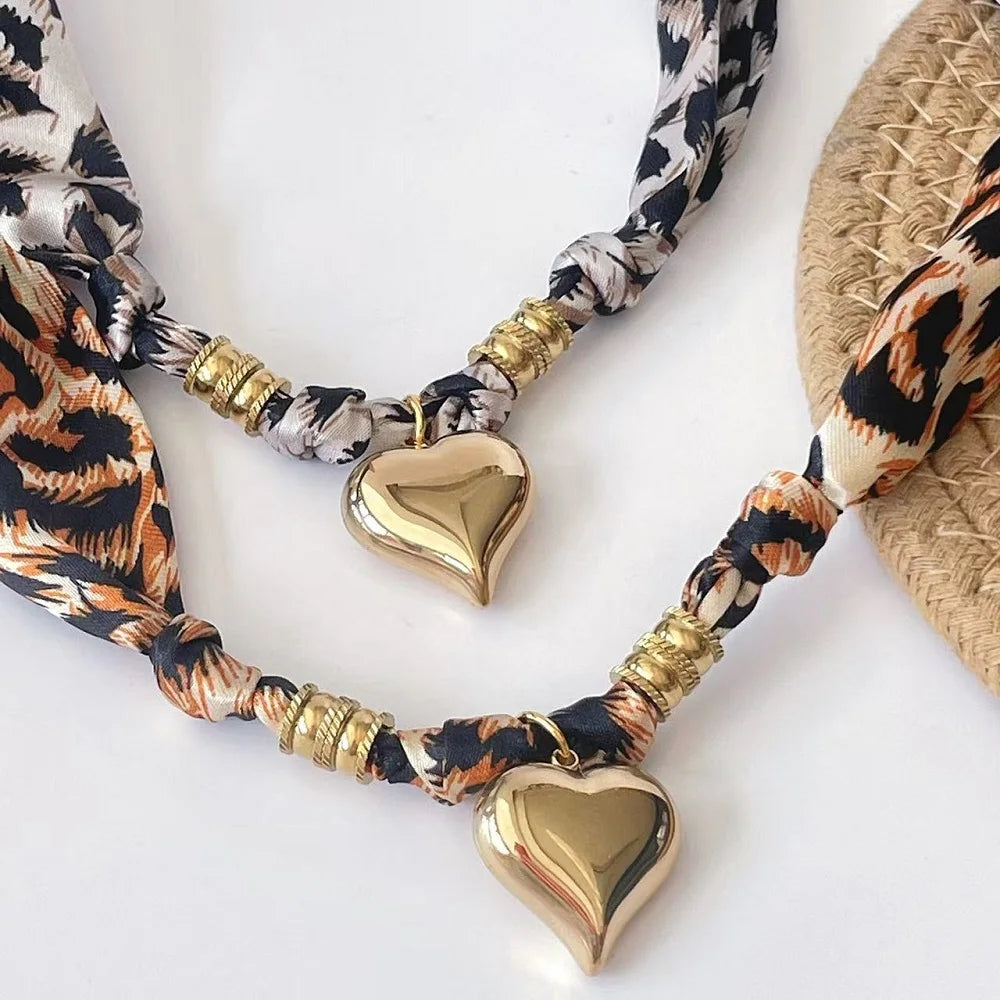 Women’s Fashion Scarf Necklace with Large Stainless Steel Heart Pendant Stackable Bandana Jewelry