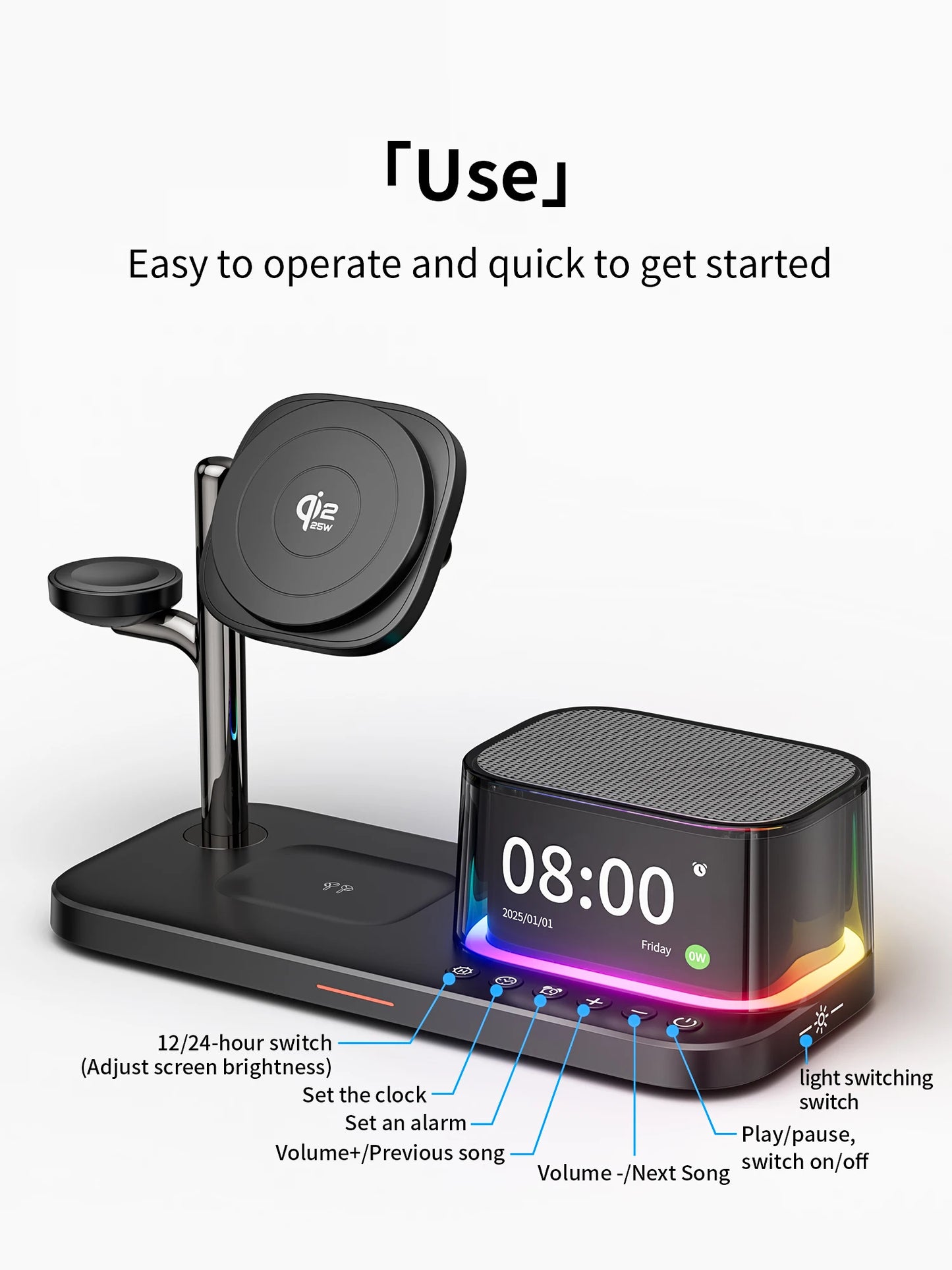 25W QI2 Wireless Charger with Wireless Speaker Digital Clock 3 in 1 Wireless Magnetic Charger for Iphone17 Charger Fast Charging