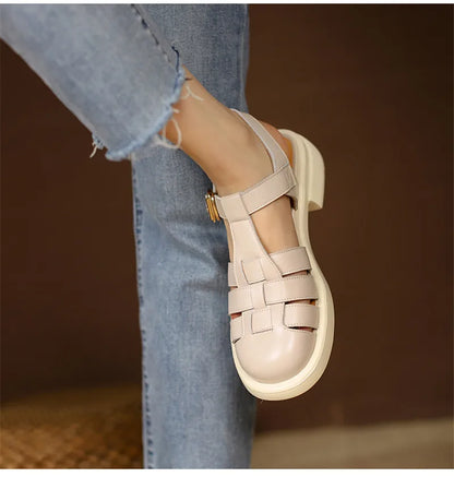 2023 Women Sandals Retro Genuine Leather Luxury Roman Sandals Casual Buckle Strap Summer Shoes GLADIATOR Thick Heel Women Shoes