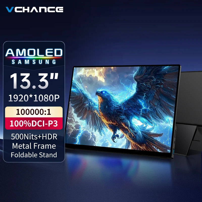 VCHANCE 13.3'' OLED Portable Monitor 1920x1080p Metal Frame with Stand 100%DCI-P3 Office Travel Display Extender for Laptop Mac
