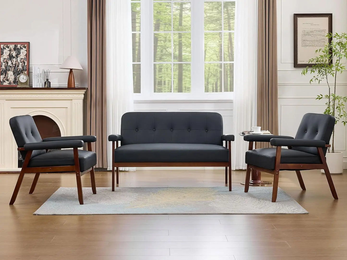 Black Leather Love seat Sofa and Accent Chairs, Mid-Century Modern Office Furniture LoveSeat Couch and Chair Set, Customized