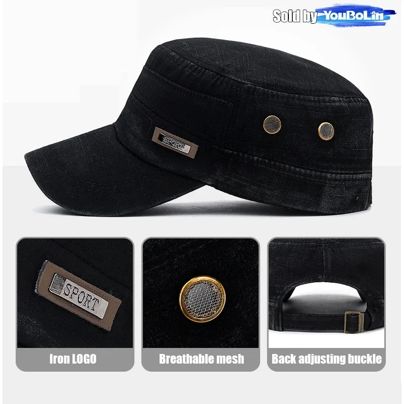 Cotton Perforated Breathable Military Academy Cadet Flat Cap Sun Hat Trucker Caps Dad Hats