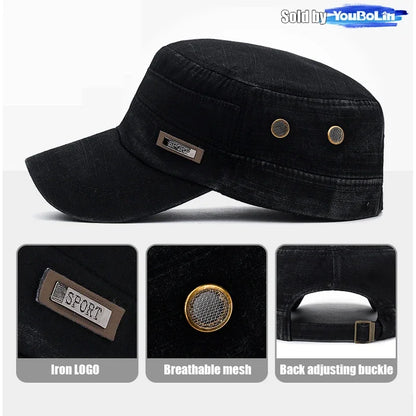 Cotton Perforated Breathable Military Academy Cadet Flat Cap Sun Hat Trucker Caps Dad Hats