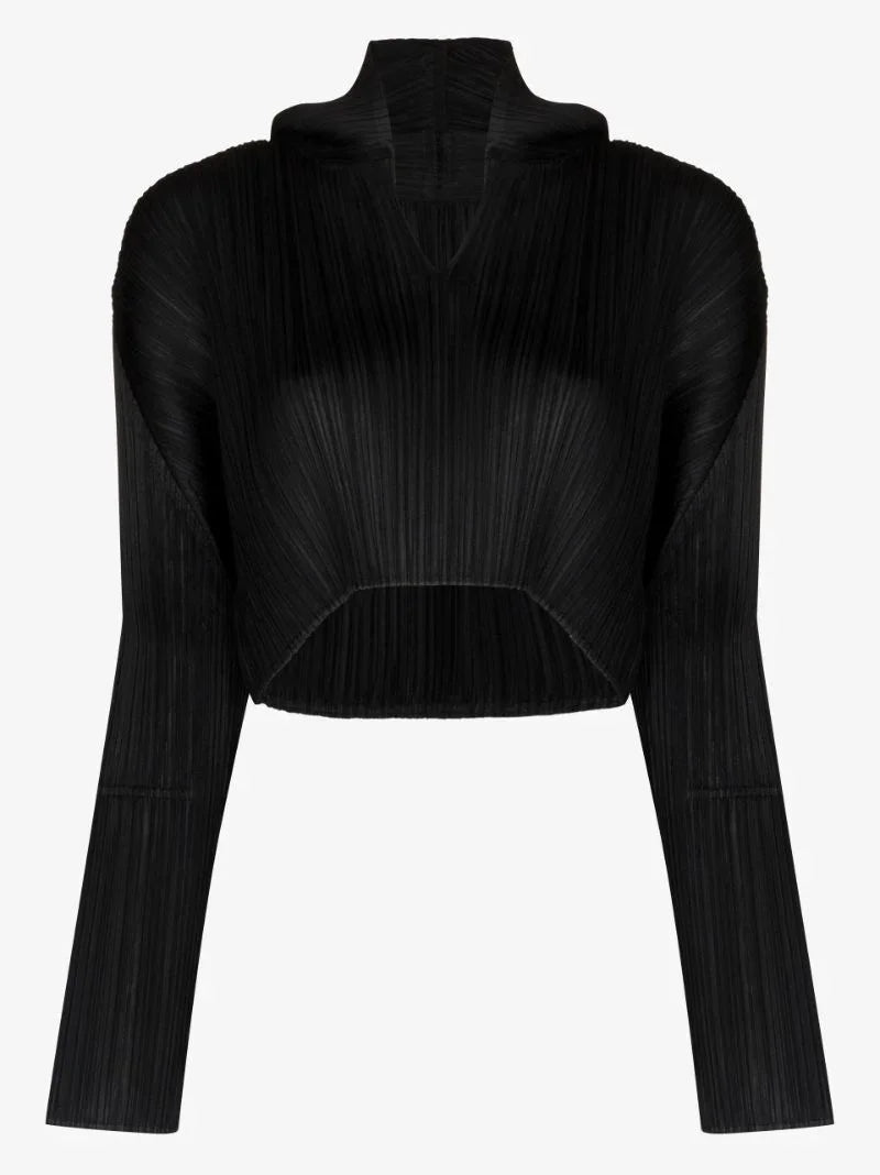 Miyake Pleated Long Sleeved Short Cropped Hoodie Black Tops
