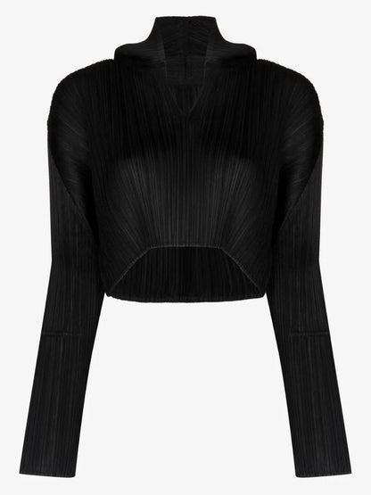 Miyake Pleated Long Sleeved Short Cropped Hoodie Black Tops
