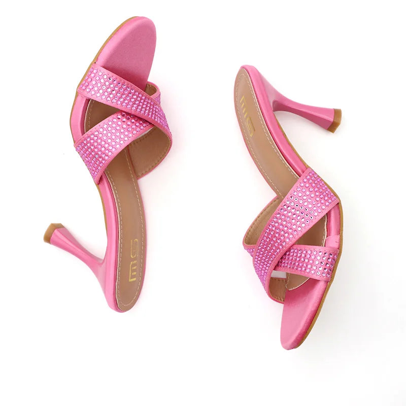 Rhinestone Slippers For Woman 2025 New Elegant Party Shoes Summer Thin High Heeled Slides Fashion Women Sandals Zapatos Mujer