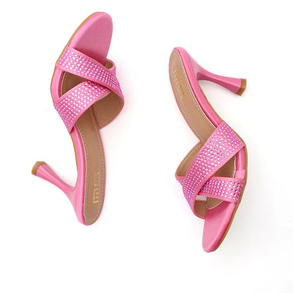 Rhinestone Slippers For Woman 2025 New Elegant Party Shoes Summer Thin High Heeled Slides Fashion Women Sandals Zapatos Mujer