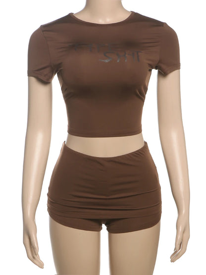 Weird Puss Casual Sporty 2 Piece Set Women Tracksuit Letter Print Short Sleeve Crop Tops+Ruched Shorts Daily Fashion Streetwear