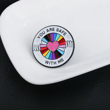 You Are Safe With Me Rainbow Glitter Heart Enamel Pin LGBT Pride Lapel Brooch Positive Quote Friendship Backpack Gift