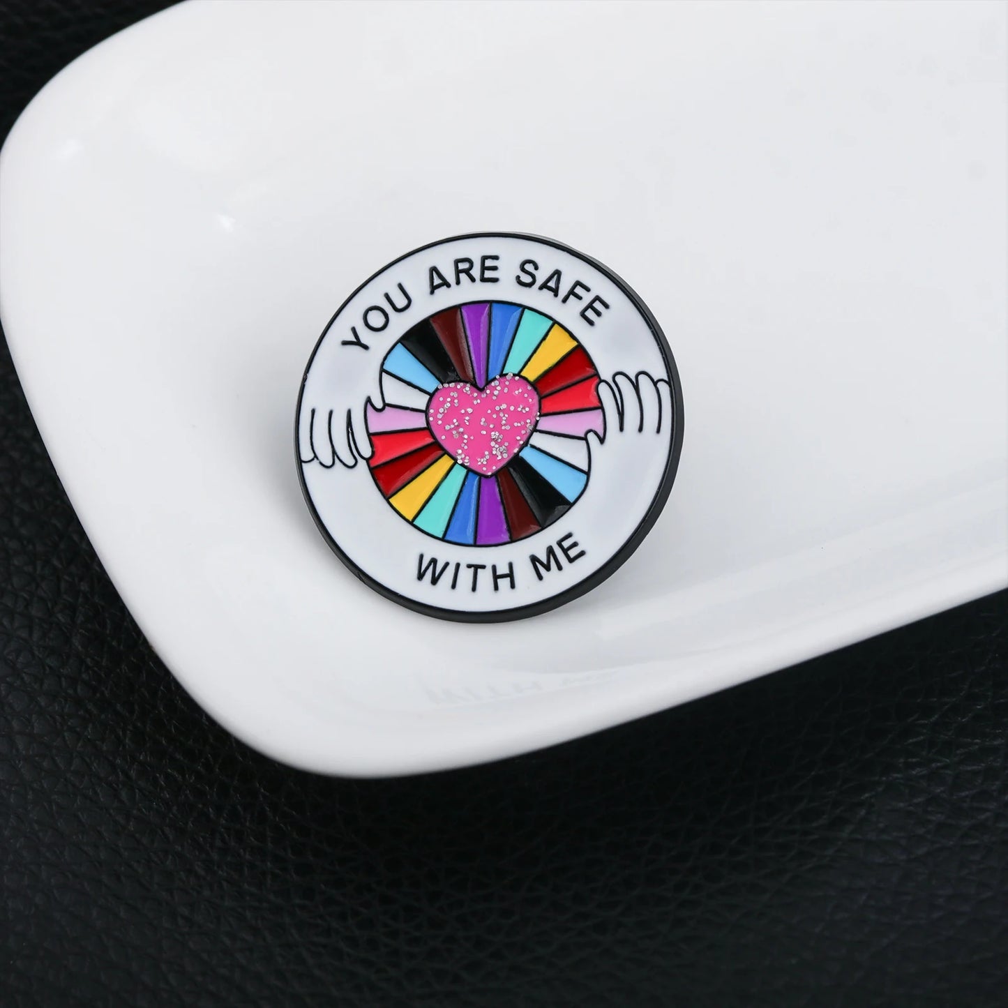 You Are Safe With Me Rainbow Glitter Heart Enamel Pin LGBT Pride Lapel Brooch Positive Quote Friendship Backpack Gift
