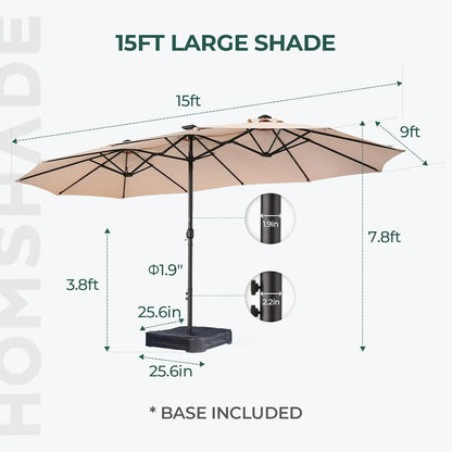Double Sided Patio Umbrellas - 15ft Solar Lights LED Lighted Outdoor Extra Large Market Table Umbrella with Base, Customized