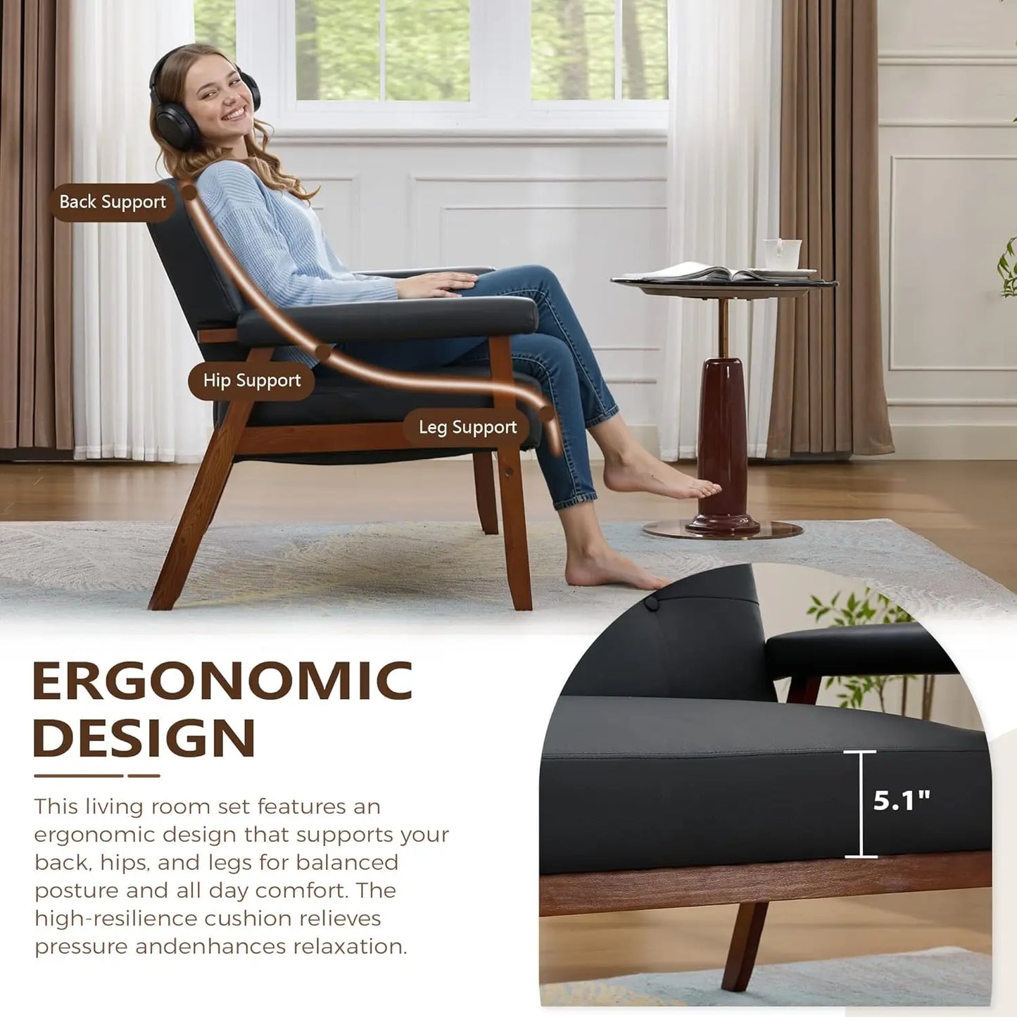 Black Leather Love seat Sofa and Accent Chairs, Mid-Century Modern Office Furniture LoveSeat Couch and Chair Set, Customized