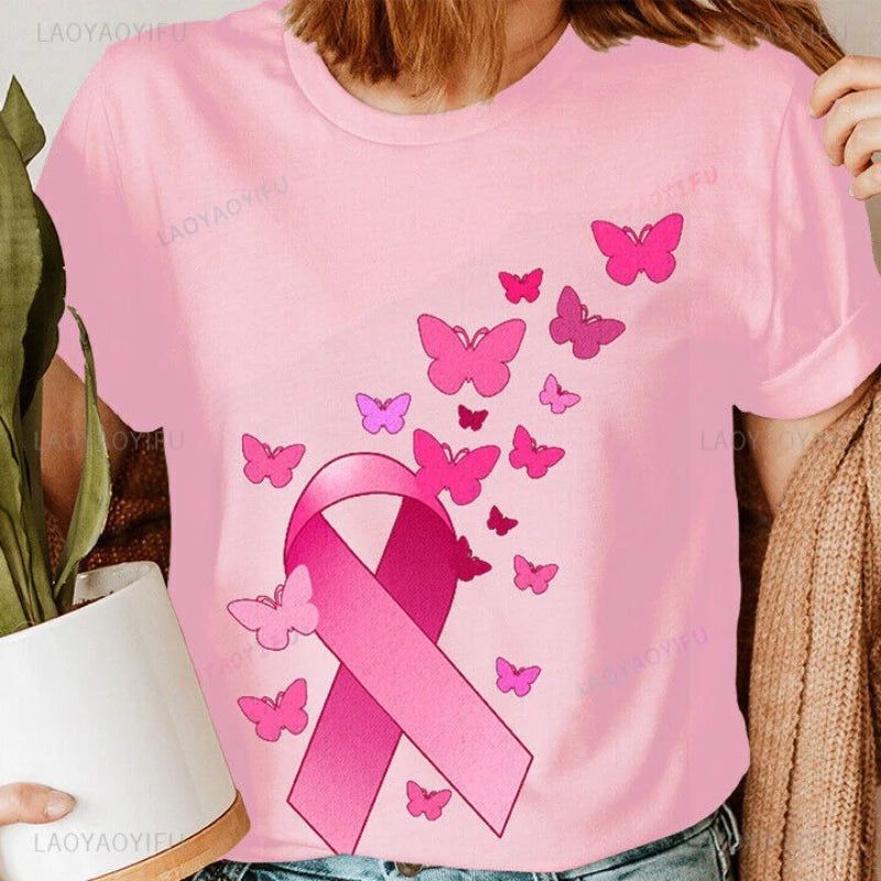 Butterflies Breast Cancer Awareness Pink Ribbon October Womens T-Shirt Summer Simple Printed Shirt Tops Cotton O-neck T Shirts