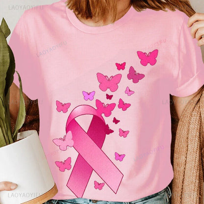 Butterflies Breast Cancer Awareness Pink Ribbon October Womens T-Shirt Summer Simple Printed Shirt Tops Cotton O-neck T Shirts