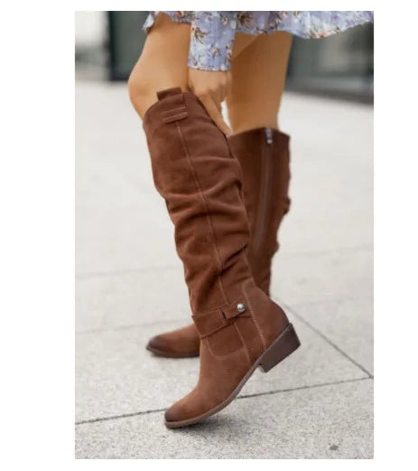 long women's boots Low Heel Side Zip Size 43 Suede Thigh High Women's Boots Retro Woman Booties Autumn Winter Knee High Boots