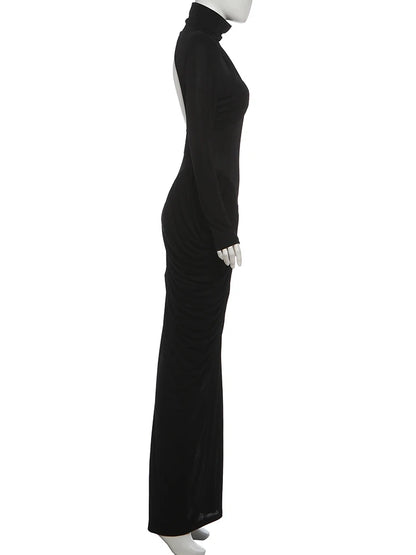 Weird Puss Autumn New Style Maxi Dress Women Turtleneck Full Sleeve Backless Skinny Stretch  Prom Party Ruched Elegant Vestidos