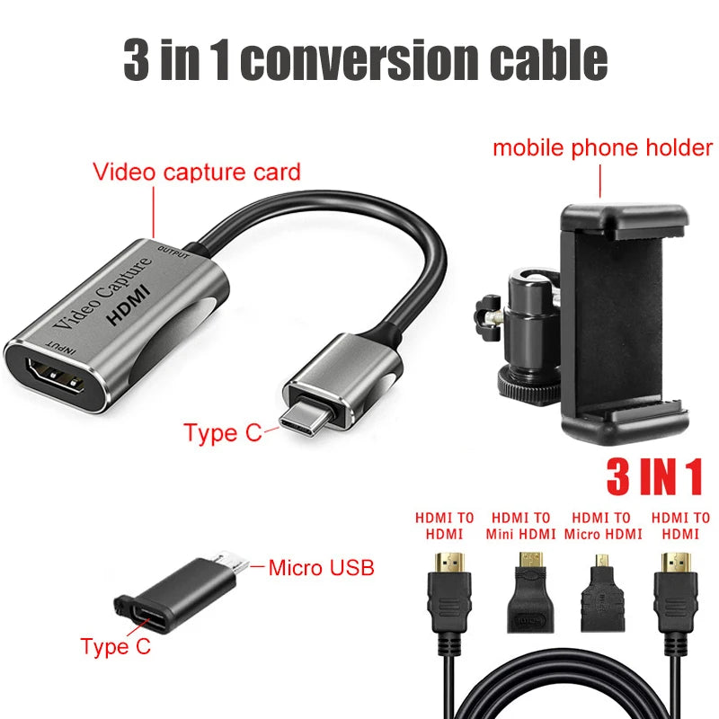 HDMI Adapter 4K Video Capture Card DSLR Video Camera Transmission Mobile Phone Screen Monitor Set for Vlog Youtuber Filmmaker