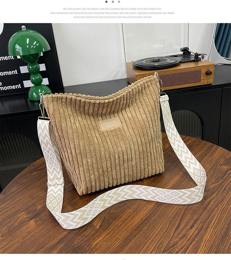 Solid Color Corduroy Messenger Bag Versatile Handbag Women Shoulder Crossbody Bags Casual Chic Bucket Women‘s Bag Bolsos Mujer
