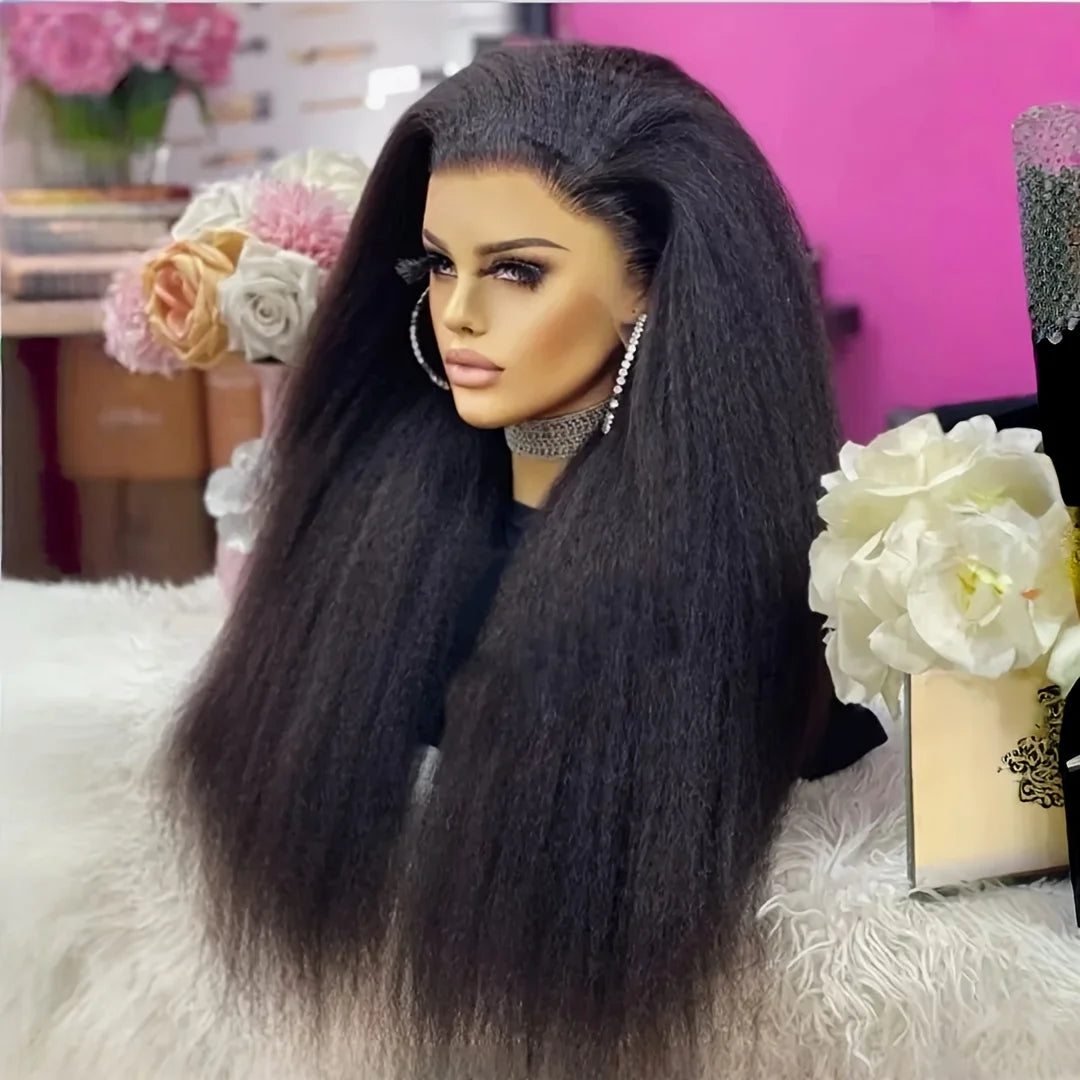 Natural Black Yaki 26Inch Kinky Straight Soft Long Lace Front Wig For Black Women Synthetic Preplucked Glueless Baby Hair Daily