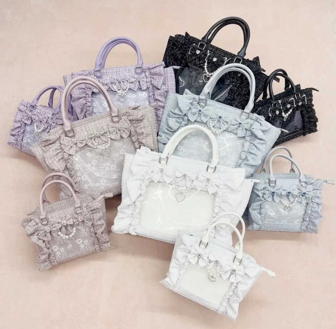 Sweet Y2k Aesthetic Transparent Bow Ita Bag Casual Chic Ruffle Fashion Women's Handbags All Match Kawaii Shoulder Crossbody Bags