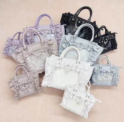 Sweet Y2k Aesthetic Transparent Bow Ita Bag Casual Chic Ruffle Fashion Women's Handbags All Match Kawaii Shoulder Crossbody Bags